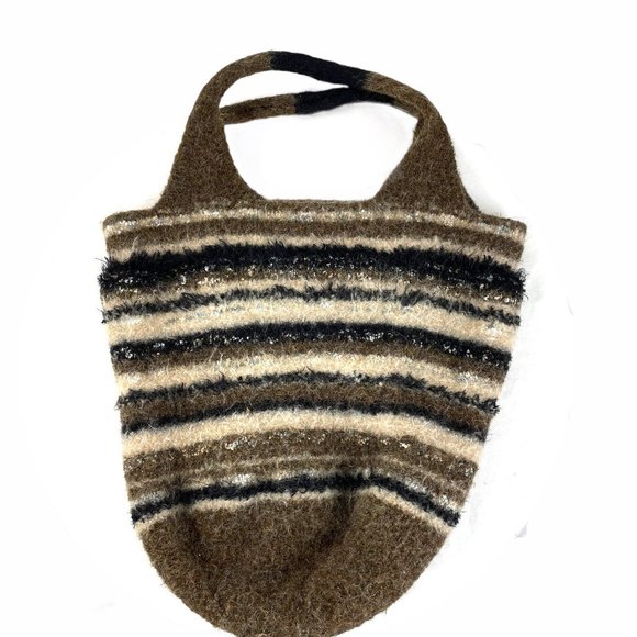 Vintage boiled wool large tote bag striped brown - Picture 2 of 5